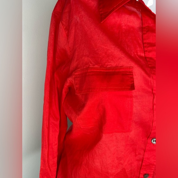 THEORY L Vibrant Sheer Red Button-Up Shirt - Picture 6 of 13